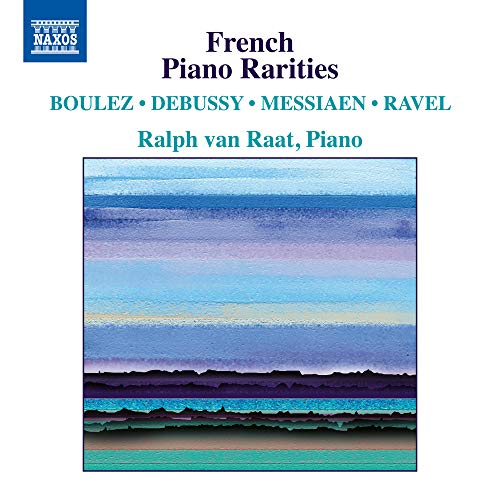 "Album cover with abstract watercolor design and text 'French Piano Rarities' on white background."