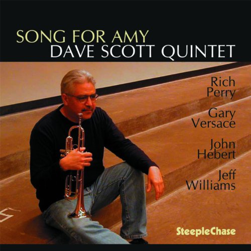 "Album cover with man holding trumpet, sitting on stairs, and musician names listed."