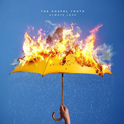 "Album cover featuring a hand holding a burning yellow umbrella against a blue background."