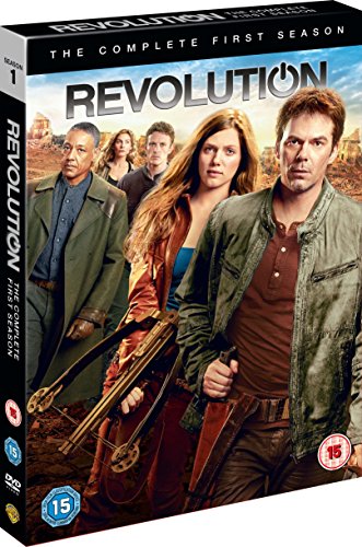 "Revolution Season 1 DVD case featuring main characters with guns in a post-apocalyptic setting."