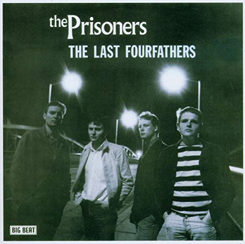 "Album cover with four men standing under streetlights at night, monochrome tone."