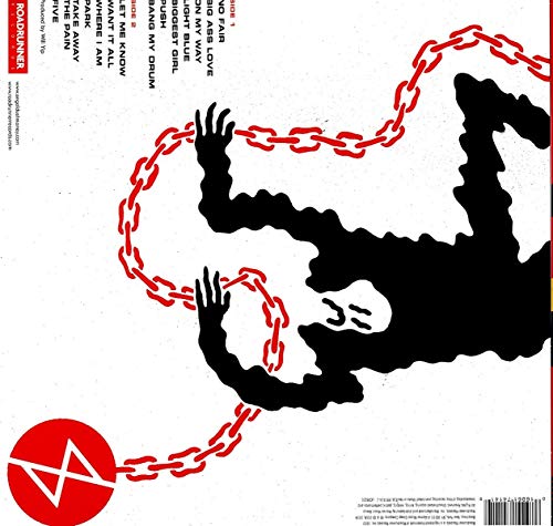 "Vinyl record cover with black silhouette and red chain graphic on white background."