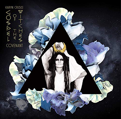 "Album cover with a woman in a triangle surrounded by flowers and a starry background."