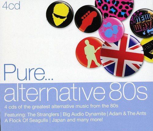 "CD cover with 'Pure... alternative 80s' text and various band logos on badges."