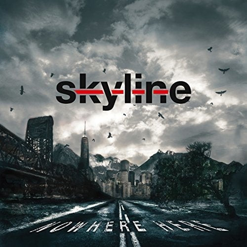 "CD cover art with 'skyline' title, dark cityscape, and 'nowhere here' on a road."