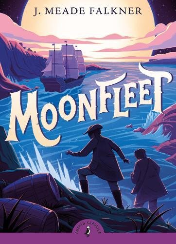 "Book cover of 'Moonfleet' showing two boys on a rocky shore with a ship."