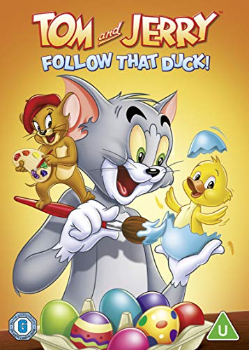 "Tom and Jerry DVD cover featuring cartoon cat, mouse, and duck with Easter eggs."