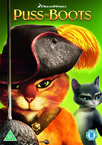 "Puss in Boots" DVD cover featuring an orange cat with a hat and sword.