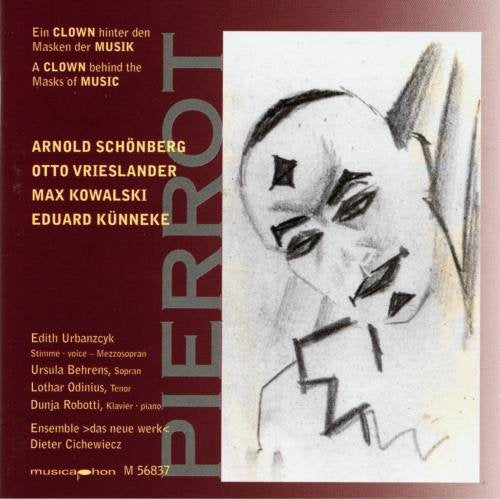 "CD cover with a charcoal drawing of a clown's face on a red background."