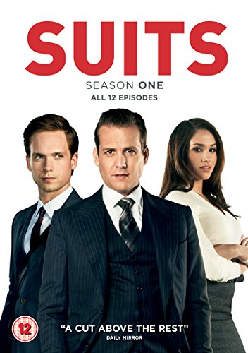 "Suits Season 1 DVD cover featuring three professionals in business attire against a white background."