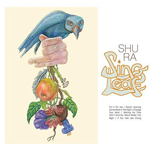 "Album cover with blue parrot on hand holding plant with fruit and flower."