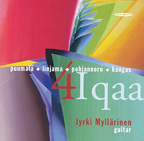 "Album cover with abstract shapes, green, red, and orange hues, and white and red text."