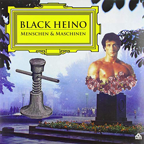 Vinyl album cover with yellow label, statue, and sledgehammer over a cityscape background.