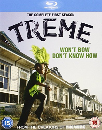 "Blu-ray cover of 'Treme' Season 1, featuring a man dancing in front of damaged houses."