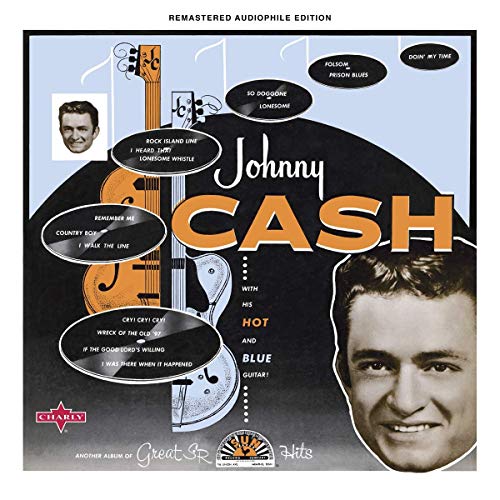"Album cover with Johnny Cash's portrait, guitar, and song titles on a blue background."