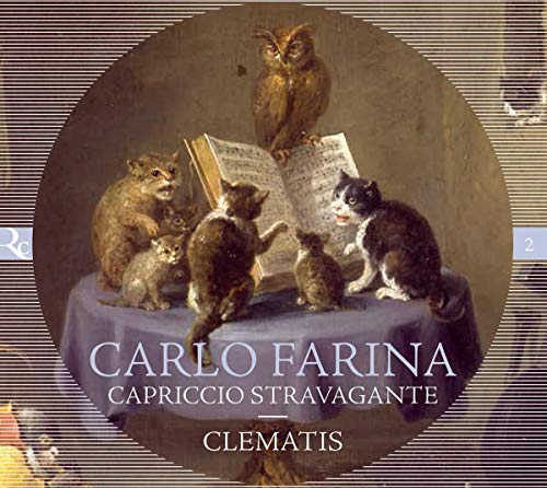 "CD cover featuring cats and an owl gathered around a music book."
