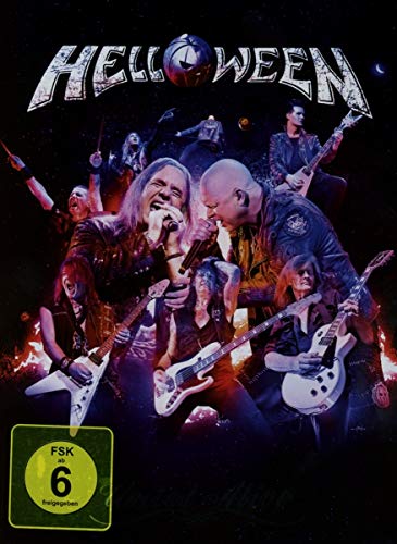Helloween band members performing on stage, surrounded by a dark, starry background, with guitars.