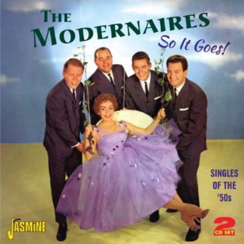 CD cover featuring The Modernaires, a woman in purple dress with four men.