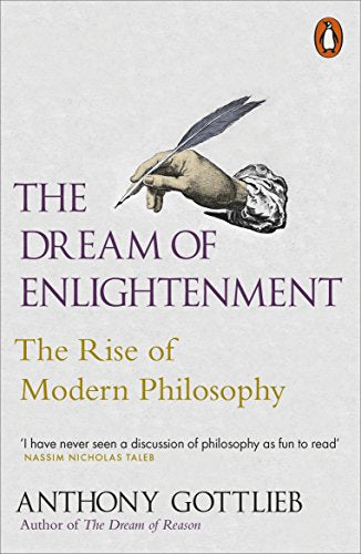 "Book cover with hand holding quill, title 'The Dream of Enlightenment' and author's name."