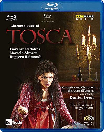 "Blu-ray case cover with Tosca opera image, featuring a woman in red dress."