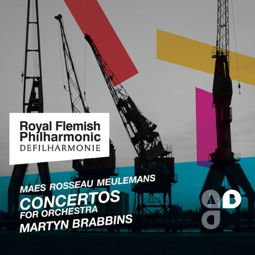 "CD cover with cranes and colorful rectangles, featuring orchestra concertos title and performers' names."
