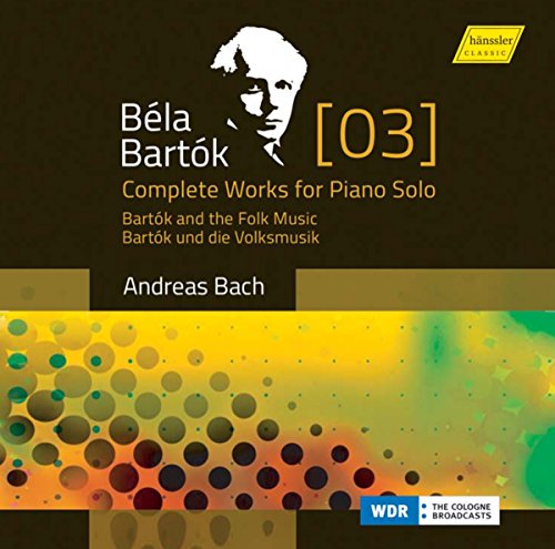 CD cover with Béla Bartók's image, colorful dots, and text "Andreas Bach - Bartók: Complete Works".