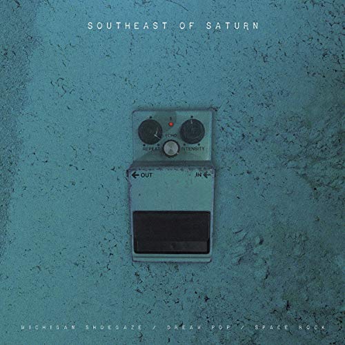 A teal-colored guitar pedal on a textured background, with "Southeast of Saturn" text.