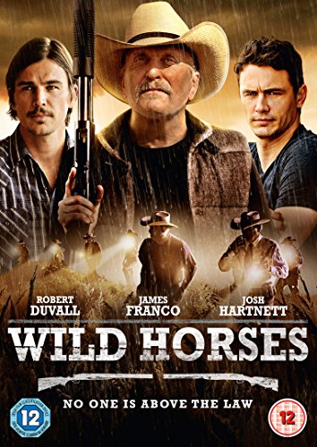 "Western movie cover featuring three men, one holding a gun, with 'Wild Horses' title."