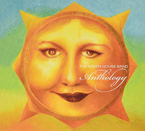 "Album cover featuring a stylized sun face against a green and blue background."