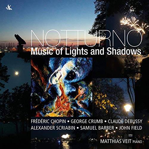 "Album cover with 'Notturno' title, abstract art, and nighttime cityscape."