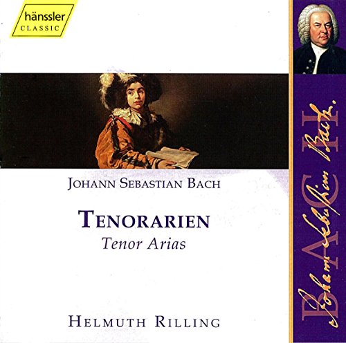 A CD cover featuring a man in 18th-century attire holding sheet music, with Bach's image.