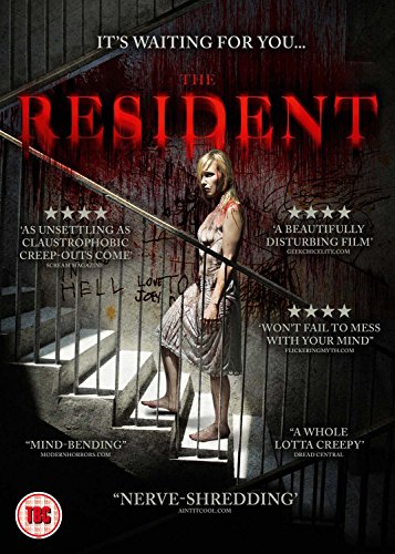 DVD cover for "The Resident" featuring a woman on a staircase with blood on her body.