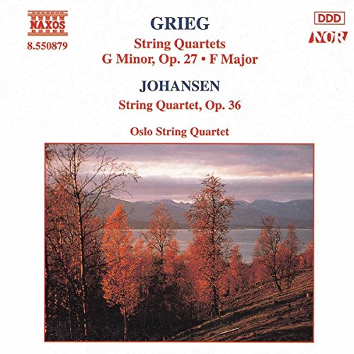 "CD cover with autumn landscape and red text listing composers and string quartets."