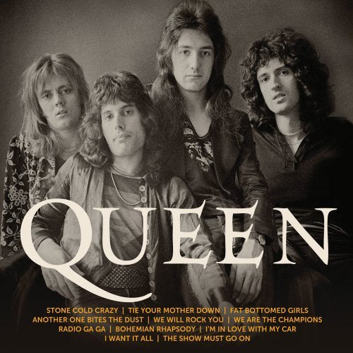 "Black and white Queen album cover with band members and song titles listed below."