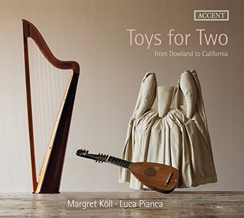 "CD cover featuring a harp, lute, and draped bag on a wooden surface."