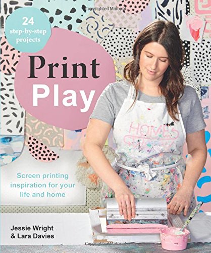 "Book cover featuring a woman screen printing with colorful designs in the background."