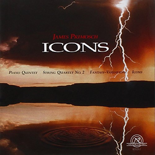 "Album cover with dark landscape, lightning, and water ripples, featuring 'Icons' by James Primosch."