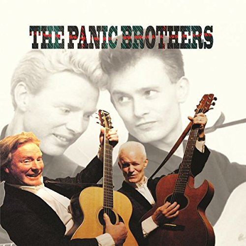 Album cover with three men in suits holding guitars, faded background portraits.