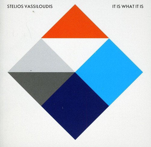 "Album cover with geometric shapes in various colours on a light grey background."