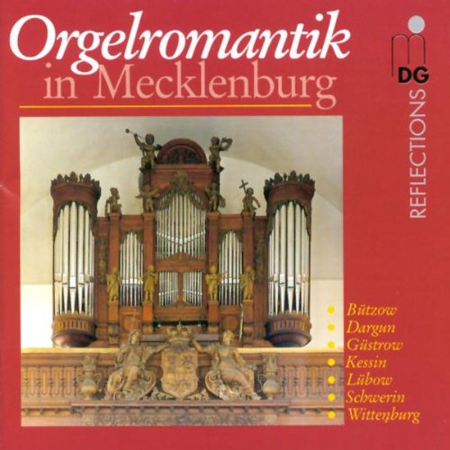 "Red CD cover featuring a large, ornate pipe organ with statues."