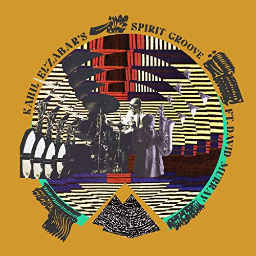 "CD cover art featuring musicians on a mustard yellow background with abstract shapes."