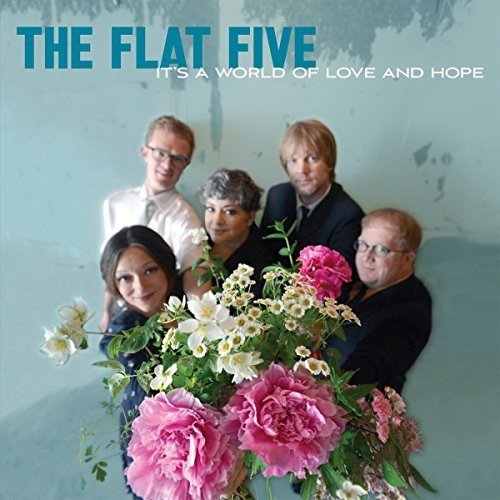 Album cover featuring a band of five members around a bouquet of pink and white flowers.