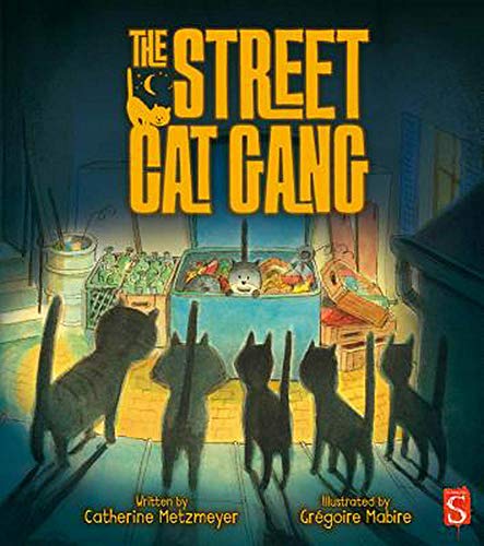 "The Street Cat Gang" book cover featuring cats around a dumpster with food.