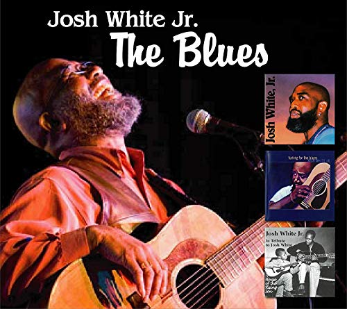 "Josh White Jr. holding a guitar, with three album covers to the right."