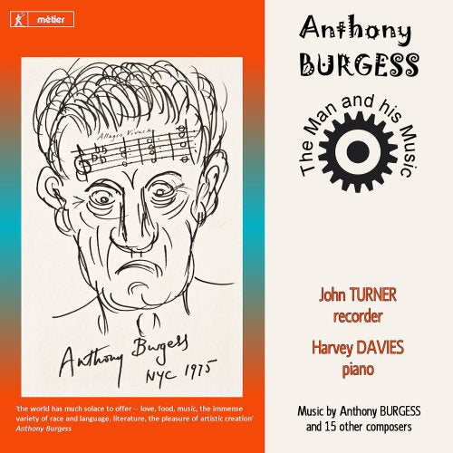 "Album cover featuring a sketch of Anthony Burgess with musical notes on his forehead."