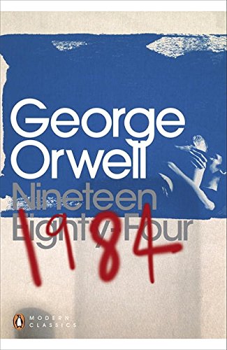 "Book cover with distorted face painting and 'Nineteen Eighty-Four' title by George Orwell."
