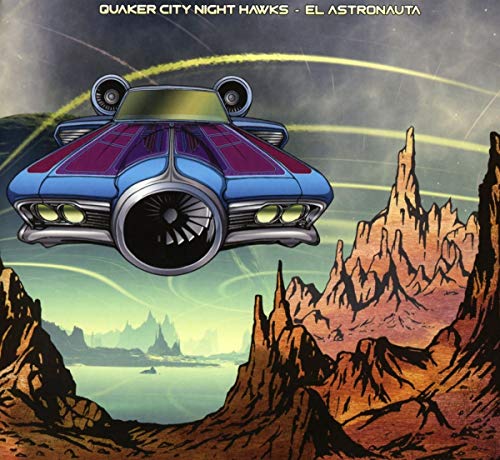 "Album cover art featuring a retro-futuristic spaceship flying over a rocky, alien landscape."