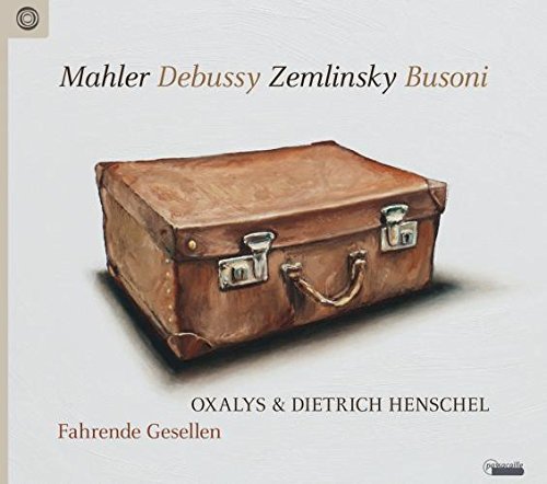 Brown leather suitcase on a white background with text describing the album.