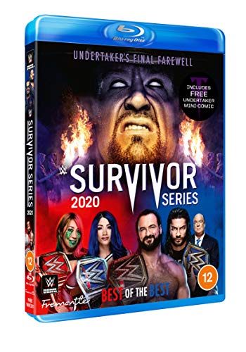 "Blu-ray case for WWE: Survivor Series 2020 featuring wrestlers and Undertaker's face."