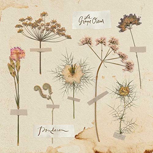 "Album cover with dried flowers on beige background, labeled 'Le Groupe Obscur' and 'Pondecen'."